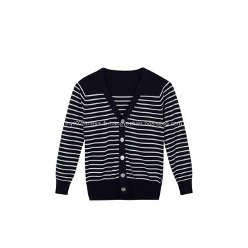 Cardigan d&#39;école en tricot boutonné blanc à rayures noires pour garçon